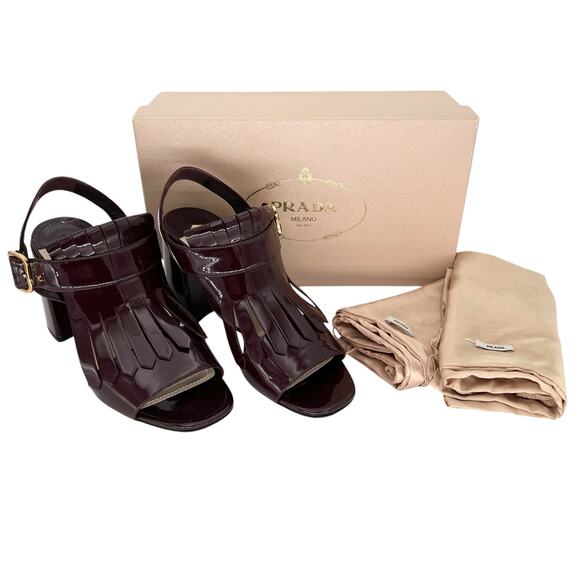 PRADA Patent Leather Fringe Trim Kiltie Buckle Sandals EU 39.5 US 9.5 Block Heel - Picture 11 of 11
